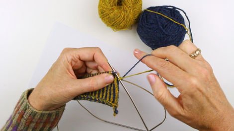 Two End or Twined Knitting - showing how the yarns are twisted after each stitch